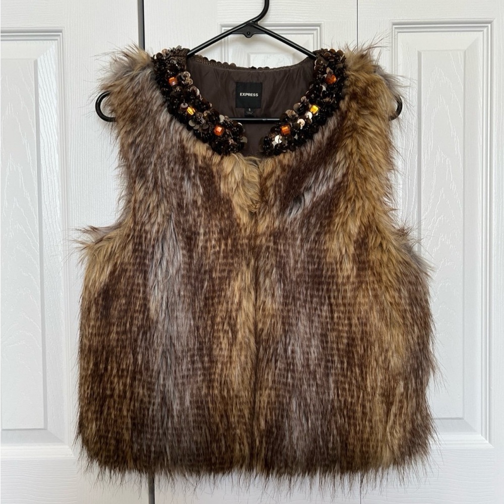 Express Brown Faux Fur Vest with Embellished Collar Size S